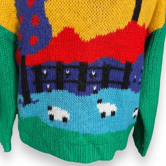 Lisa Says Gah Campagne Sweater Medium Sheep Landscape Knit Green Pullover Light - Picture 4 of 13